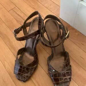 Impo Brown Croc-Embossed Ankle-Strap Heels